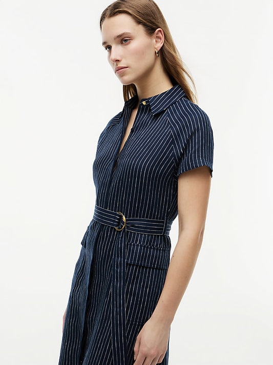 Gold-Tone Button Pinstripe Dress WiLinen