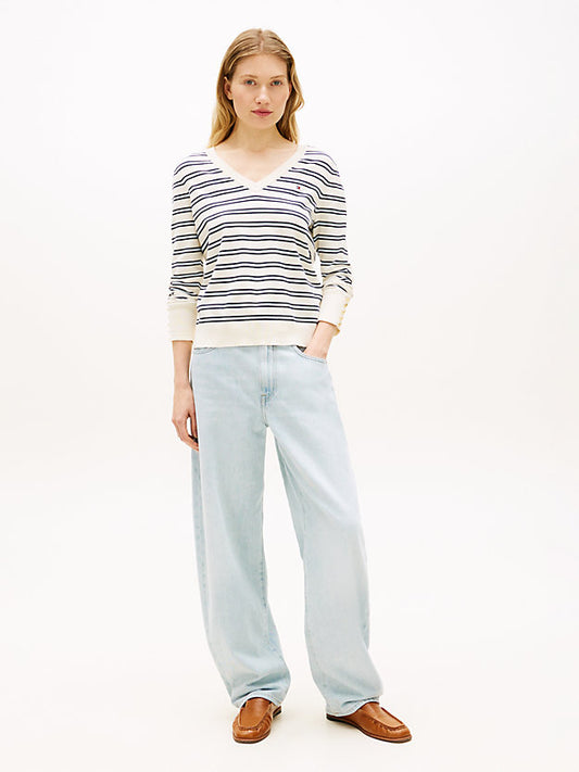Gold-Tone Button Cuff V-Neck Jumper