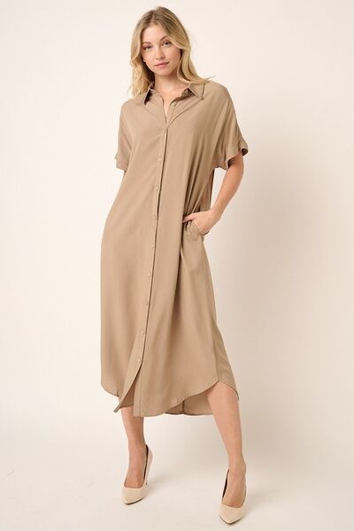 Robe chemise midi à manches courtes chauve-souris et col Mittoshop