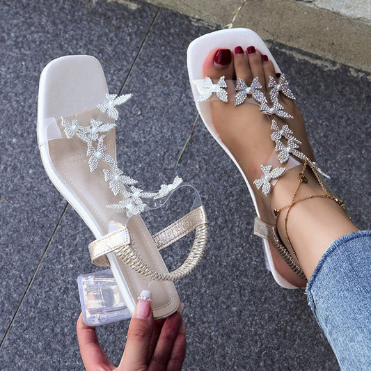 🔥Last Day Promotion 50% OFF - Women's Butterfly Rhinestone Block Heel Sandals