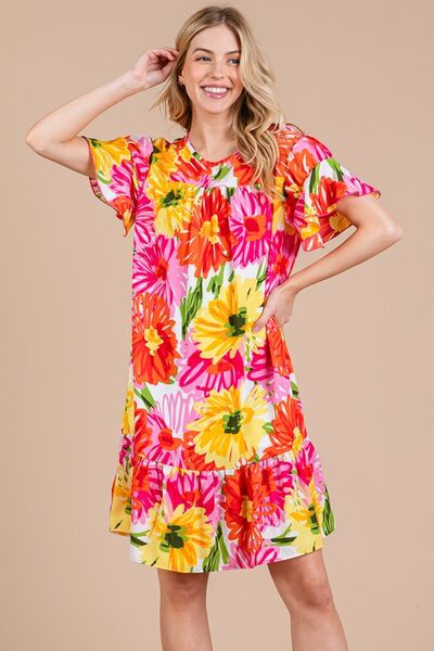Robe courte fleurie à volants et manches courtes pour femme