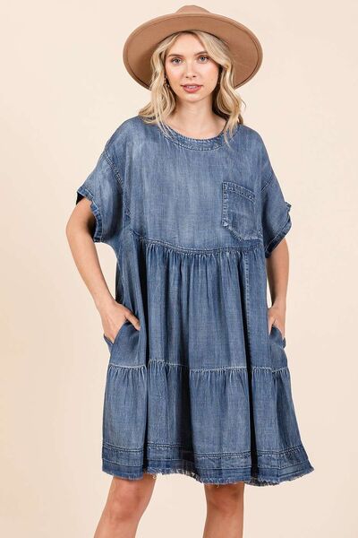 Mittoshop Washed Chambray Denim Oversized Stufen-Minikleid