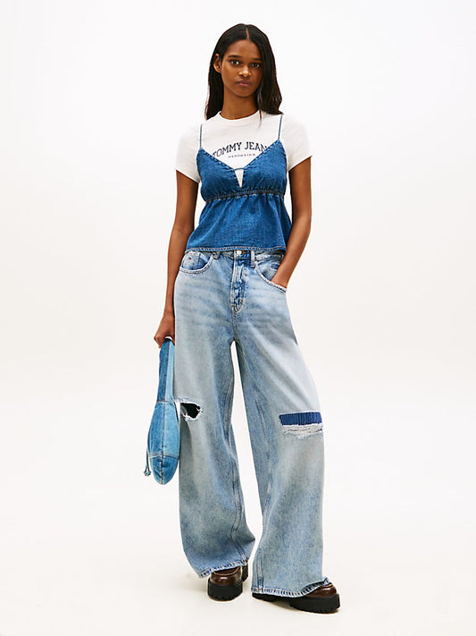 Chambray Spaghetti Strap Slim V-Neck Top