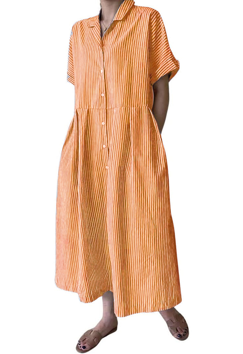 Robe chemise longue mi-longue en coton rayée à manches courtes avec poches pour femme (achetez 2, la livraison est gratuite)
