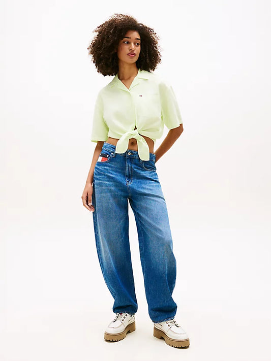 Relaxed Fit Linen Blend Tie Front Shirt