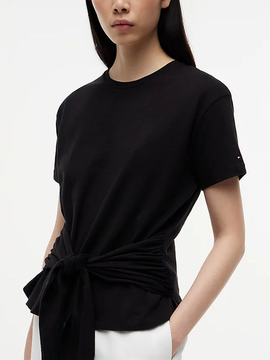 Self-Tie Textured Relaxed Crew Neck T-Shirt