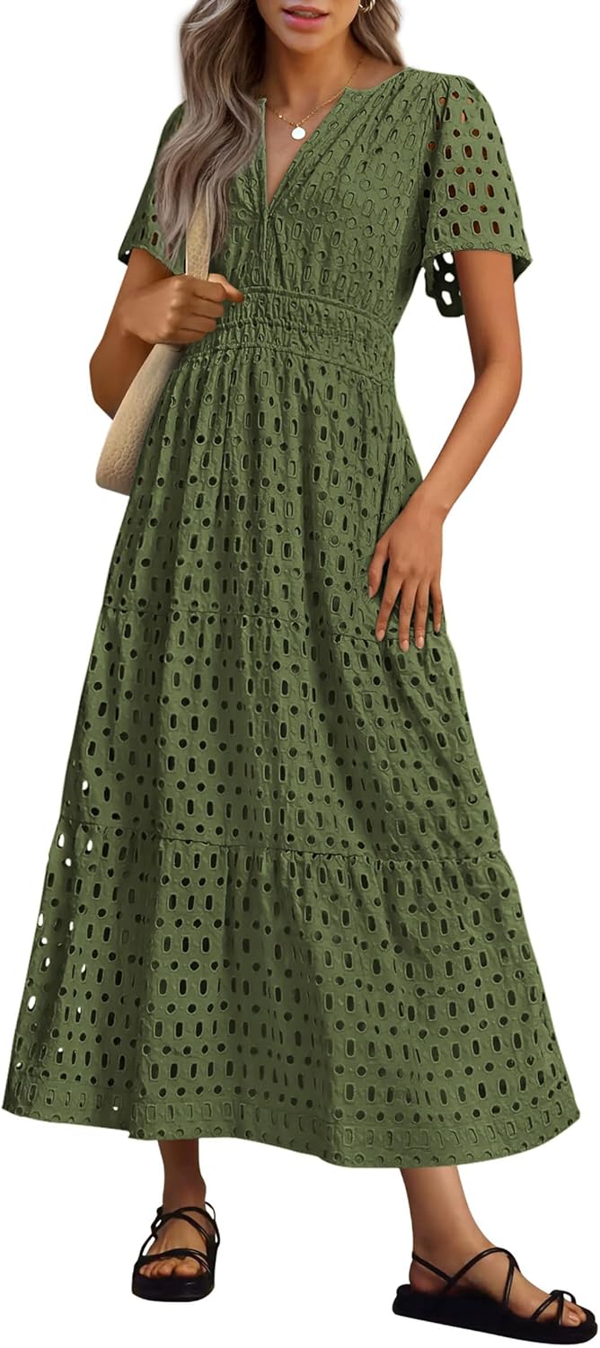 NEU 🔥Damen 2025 Sommer Maxikleid Kurzarm V-Ausschnitt Aushöhlung Ösen A-Linien-Kleider