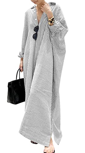 Damen Lässiges Langarm Button-Down Langes Gestreiftes Baumwoll-Hemdblusenkleid