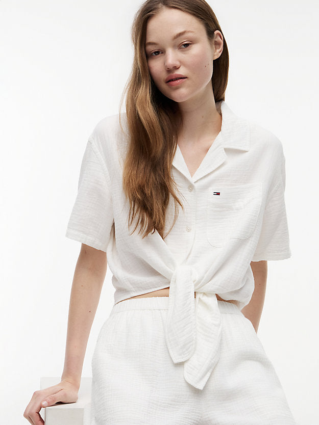 Crinkle Tie Front Short Sleeve Shirt