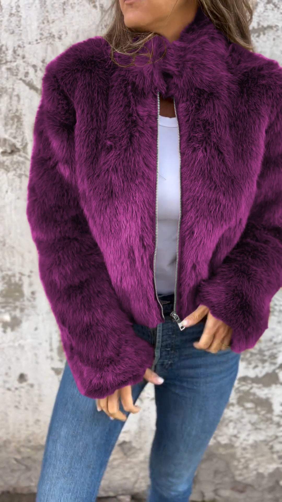 Damen High Collar Pelz-Reißverschluss Freizeitjacke