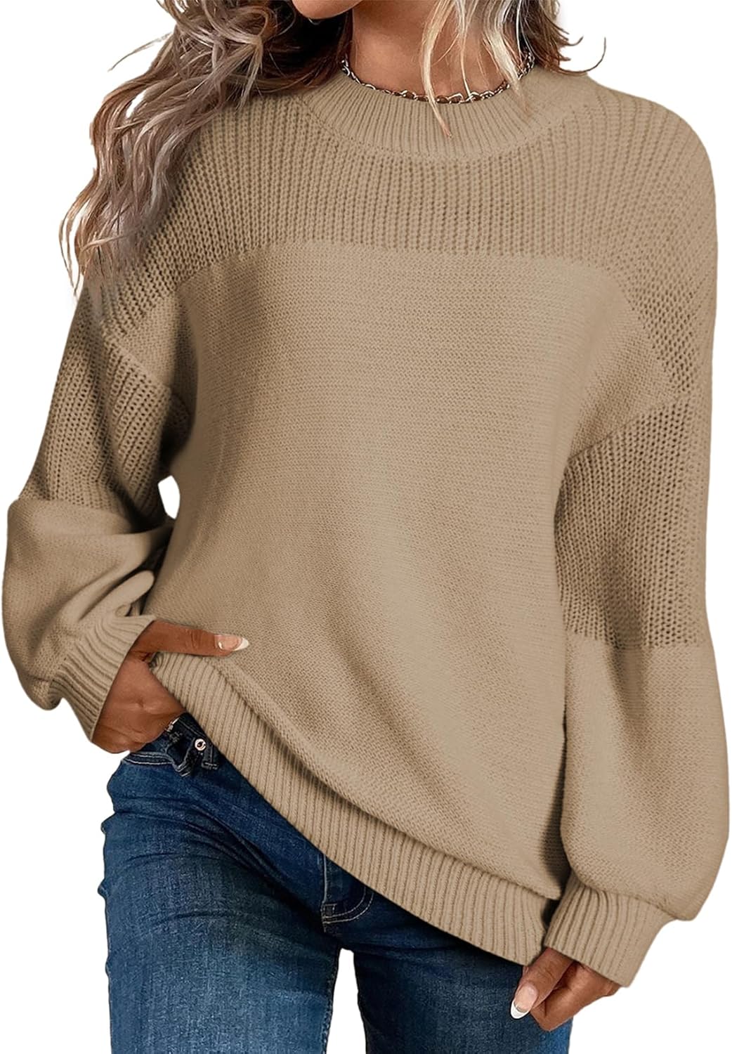 Damen Lässiger Langarm-Pullover mit Rundhalsausschnitt und festen Farben