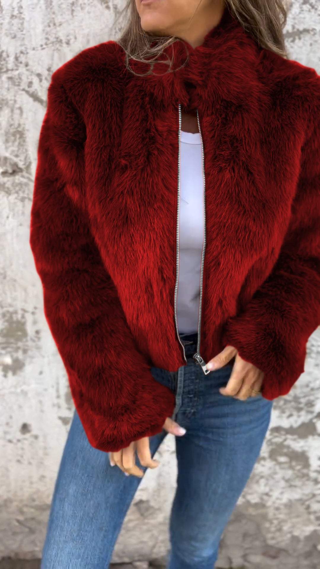 Damen High Collar Pelz-Reißverschluss Freizeitjacke