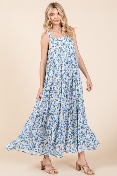 Robe longue empire sans manches étagée à imprimé floral Mittoshop