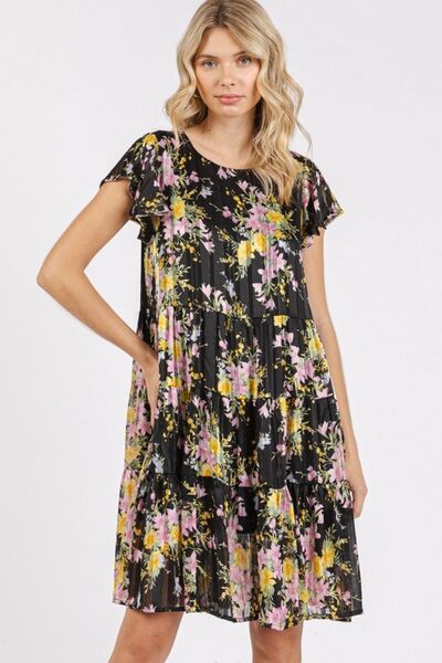 Mittoshop Blumenmuster Rundhals-Kleid mit flatternden Ärmeln und Stufenrock
