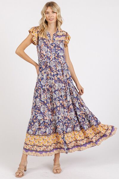 Robe longue Mittoshop fleurie à volants, encolure en V et manches courtes à revers