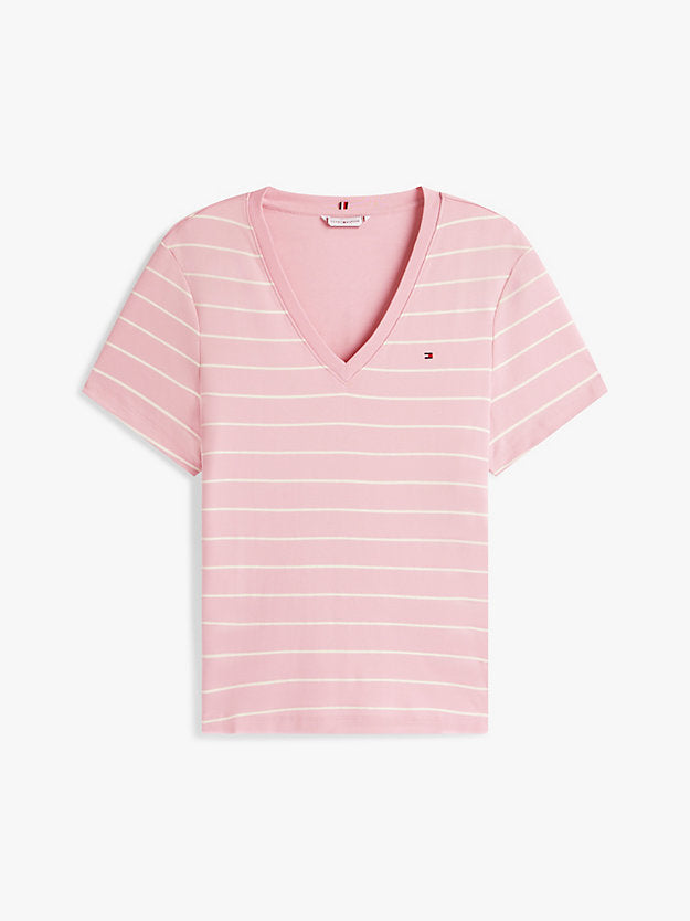Curve Flag Embroidery V-Neck Slim T-Shirt