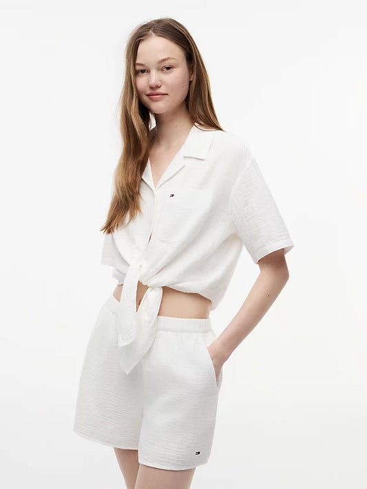 Crinkle Tie Front Short Sleeve Shirt