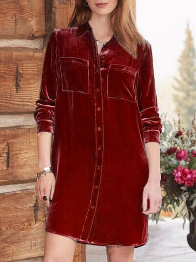 High-Low Hemd Langarm Knielanges Kleid