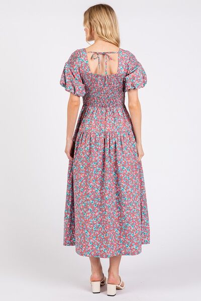 Robe midi Mittoshop à encolure carrée et manches bouffantes à motif floral smocké