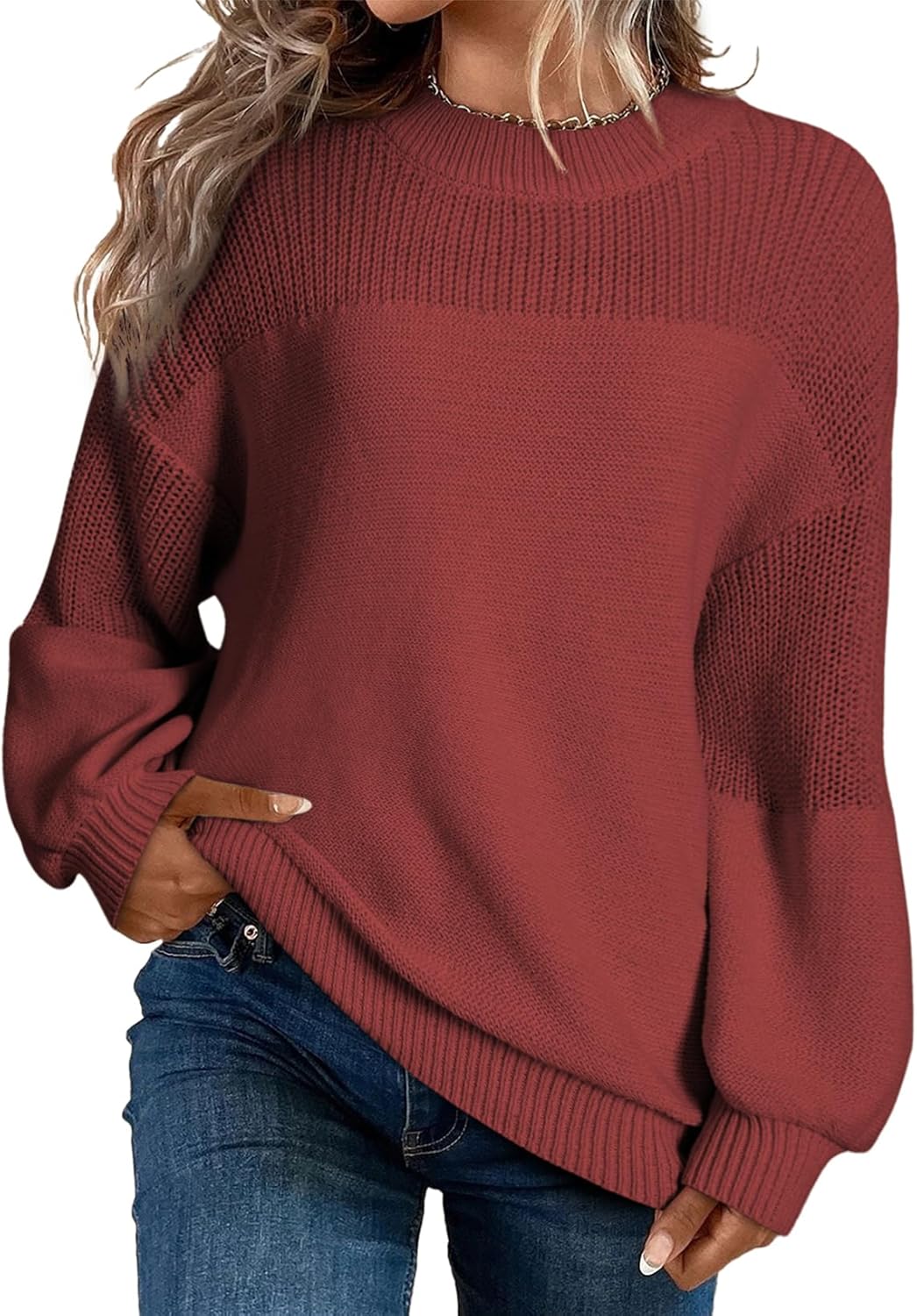 Damen Lässiger Langarm-Pullover mit Rundhalsausschnitt und festen Farben