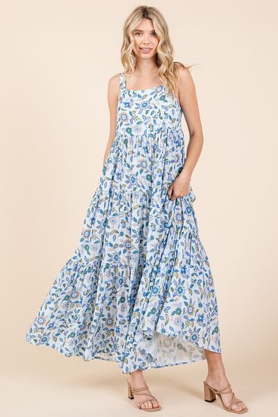 Robe longue empire sans manches étagée à imprimé floral Mittoshop