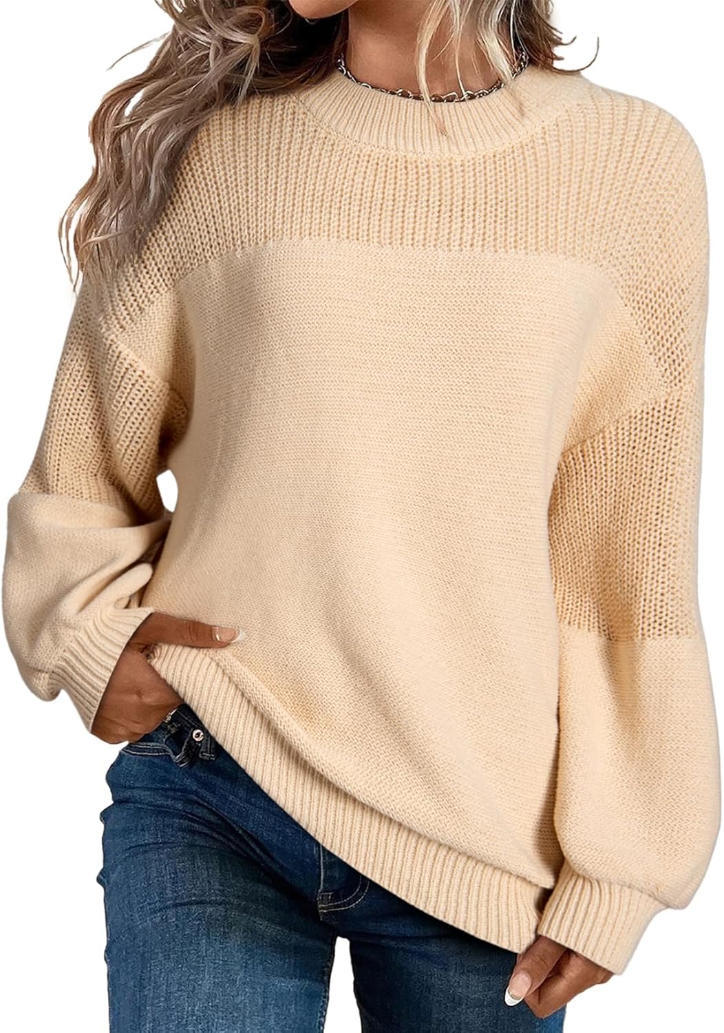 Damen Lässiger Langarm-Pullover mit Rundhalsausschnitt und festen Farben