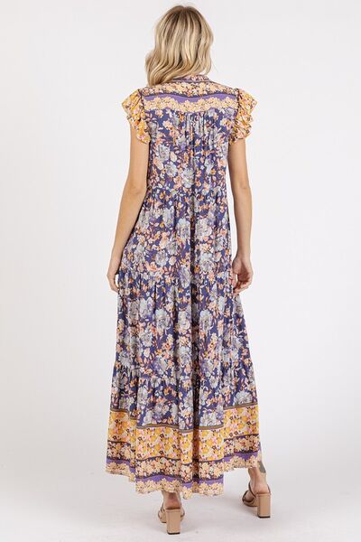 Robe longue Mittoshop fleurie à volants, encolure en V et manches courtes à revers