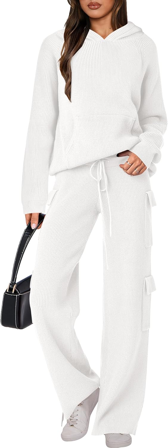🎄Weihnachts-SALE 🔥 Zweiteilige Outfits für Damen Lässiger Kapuzenpullover Strick Gerades Bein Hosen-Set