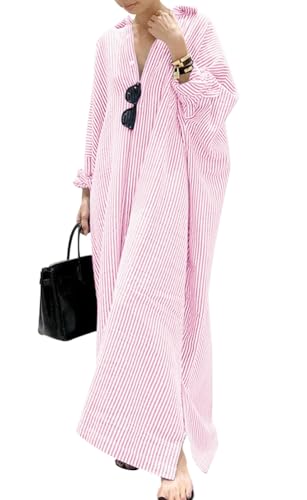 Damen Lässiges Langarm Button-Down Langes Gestreiftes Baumwoll-Hemdblusenkleid
