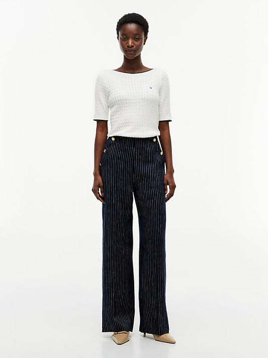 Pinstripe Gold-Tone Button Wide Leg Trousers WiLinen