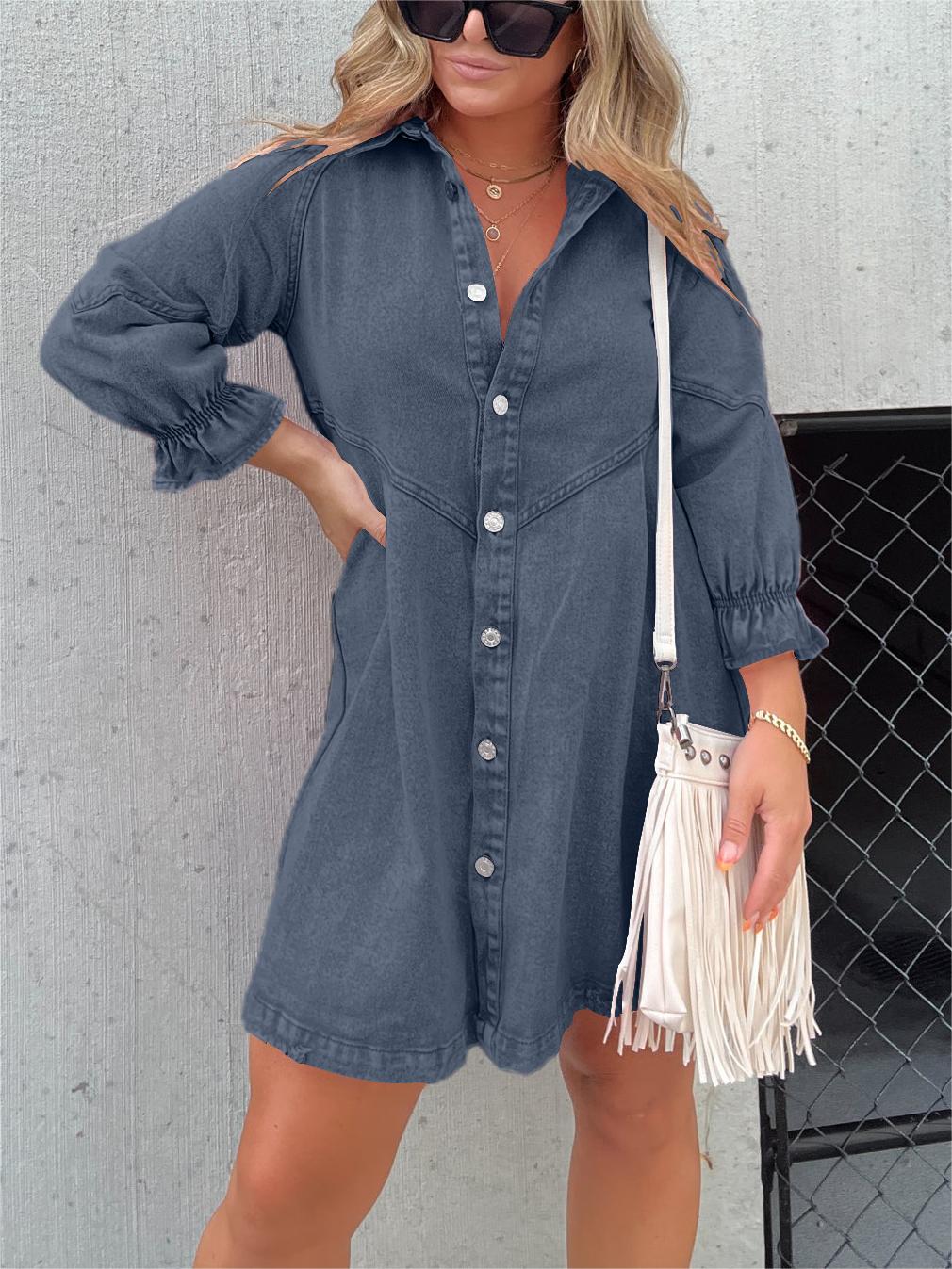 Jeanskleid mit Puffärmeln und Knöpfen (2 kaufen, kostenloser Versand)
