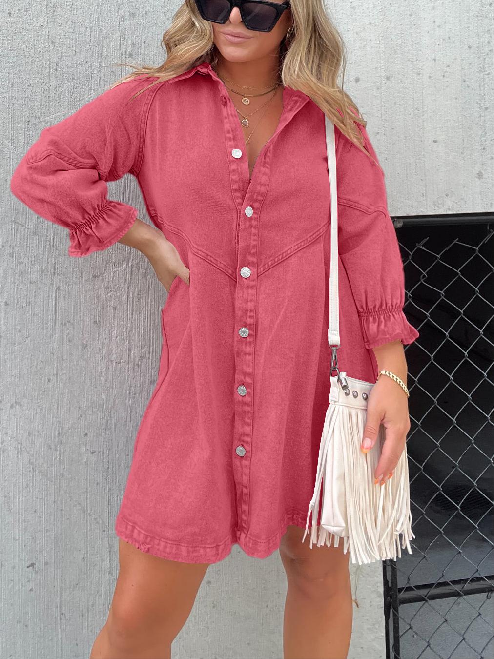 Nouvelle Robe en Jean Délavé à Manches Bouffantes (Achetez-en 2, Livraison Gratuite)