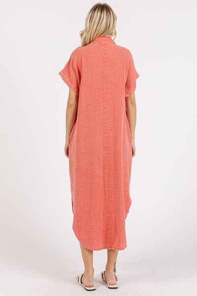 Robe chemise mi-longue boutonnée en coton délavé à col en V Mittoshop