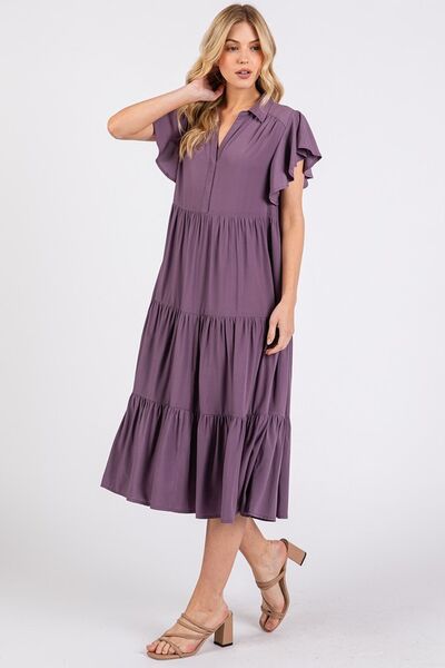 Robe mi-longue étagée à col V, volants aux manches et col en pointe Mittoshop