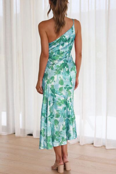Robe midi asymétrique imprimée froncée