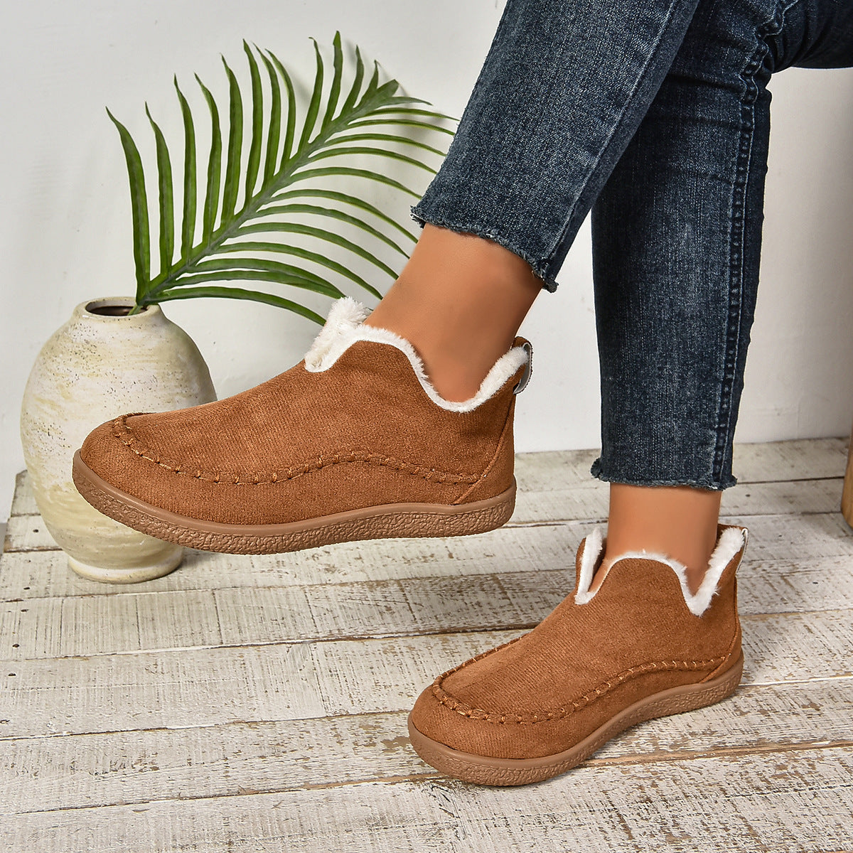 Warme, gefütterte Slip-On Stiefeletten mit rutschfester dicker Sohle