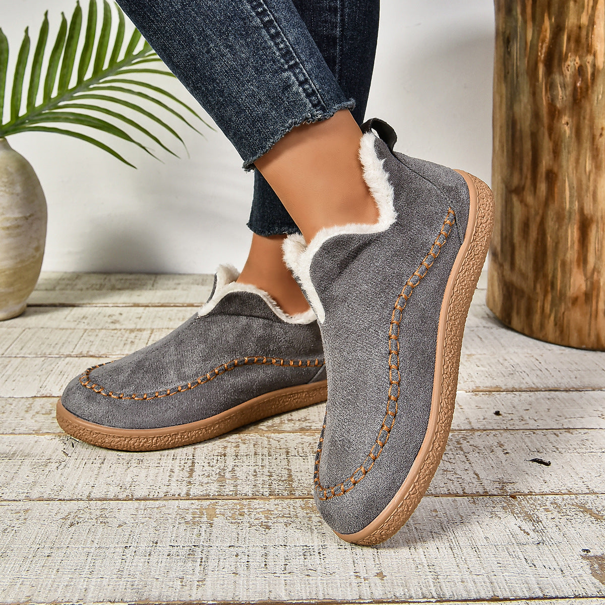Warme, gefütterte Slip-On Stiefeletten mit rutschfester dicker Sohle