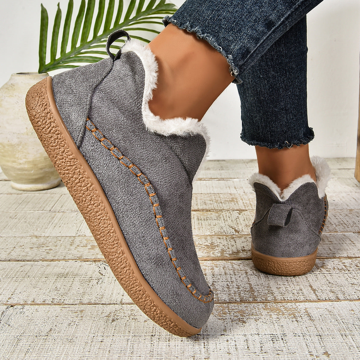 Warme, gefütterte Slip-On Stiefeletten mit rutschfester dicker Sohle