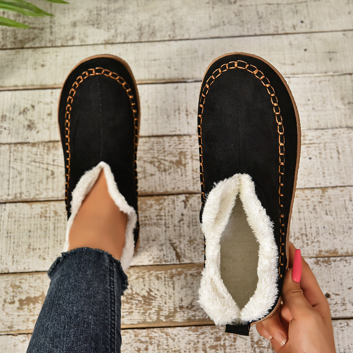 Warme, gefütterte Slip-On Stiefeletten mit rutschfester dicker Sohle