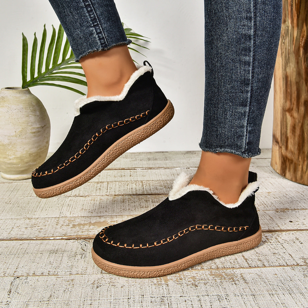 Warme, gefütterte Slip-On Stiefeletten mit rutschfester dicker Sohle