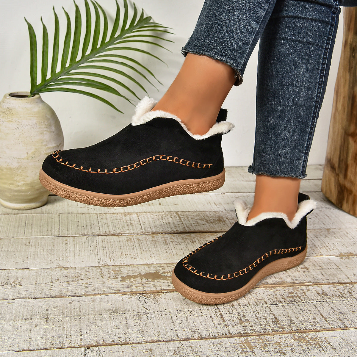 Warme, gefütterte Slip-On Stiefeletten mit rutschfester dicker Sohle