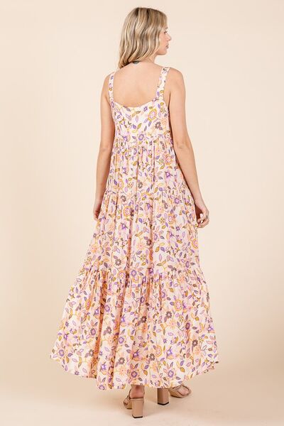 Mittoshop Geblümtes, gestuftes, ärmelloses Empire-Maxikleid