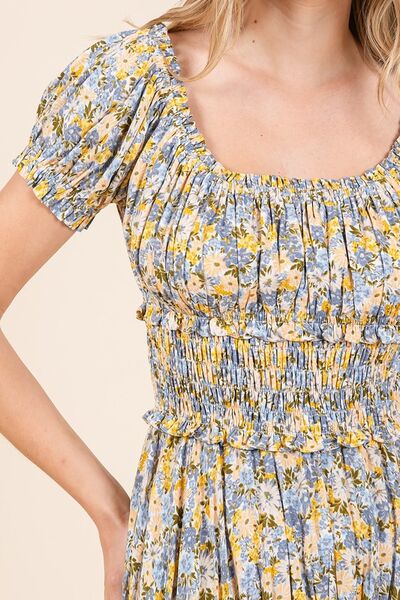 Mittoshop Maxikleid mit Blumenmuster, Puffärmeln und Raffungen