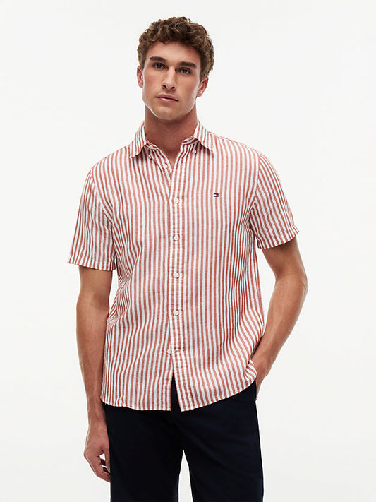 Regular Linen Blend Bengal Stripe Short Sleeve Shirt