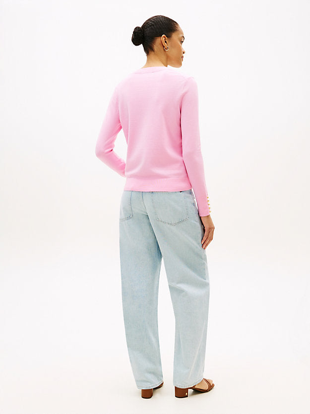 Gold-Tone Button Cuff V-Neck Jumper