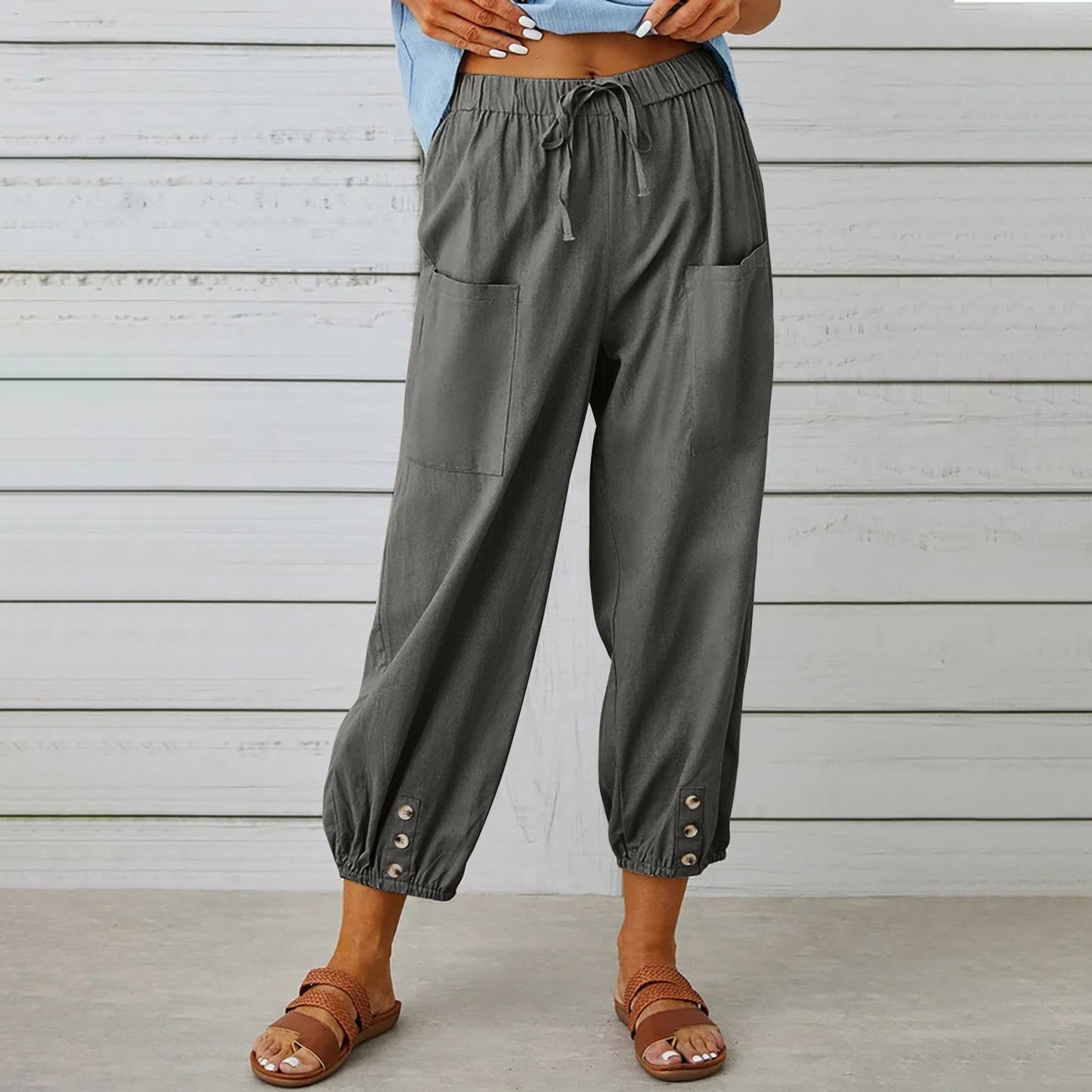 Pantalon femme Pantalon taille haute boutonné en coton et chanvre pantalon neuf points jambes larges