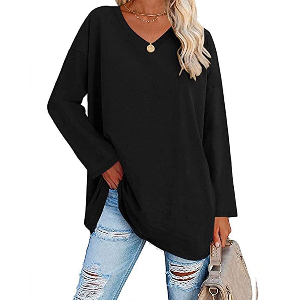 Damen weites Langarm-Mode-V-Ausschnitt-Oberteil (3 kaufen, kostenloser Versand)