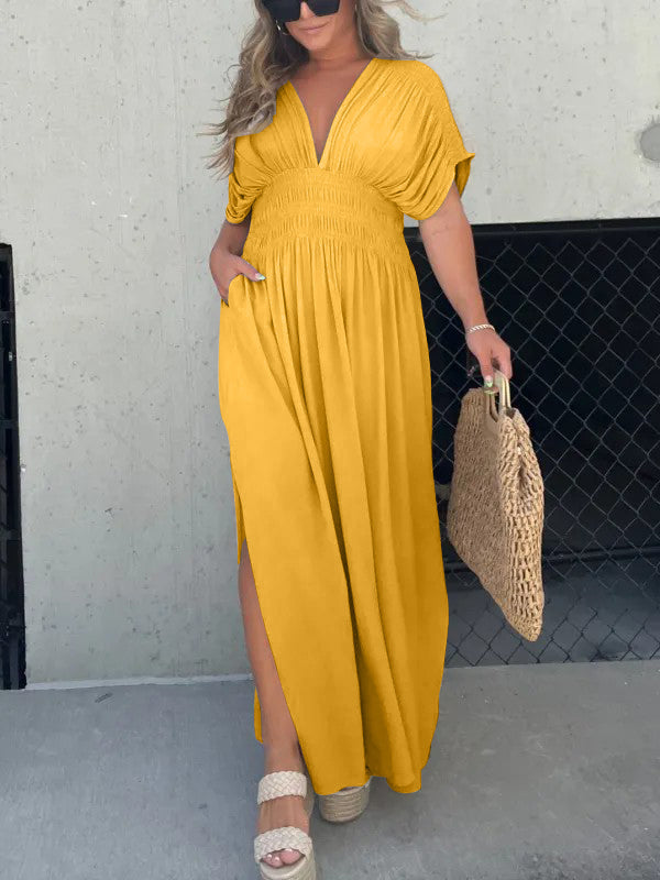 Kleid mit V-Ausschnitt, Schlitz und geraffter Taille (2 kaufen, kostenloser Versand)