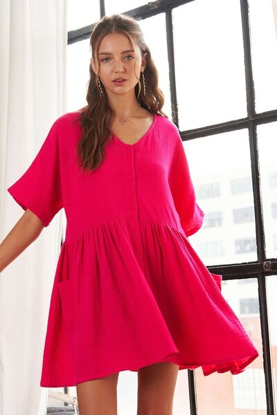 Robe à Col V et Manches Courtes ADORA avec Poches