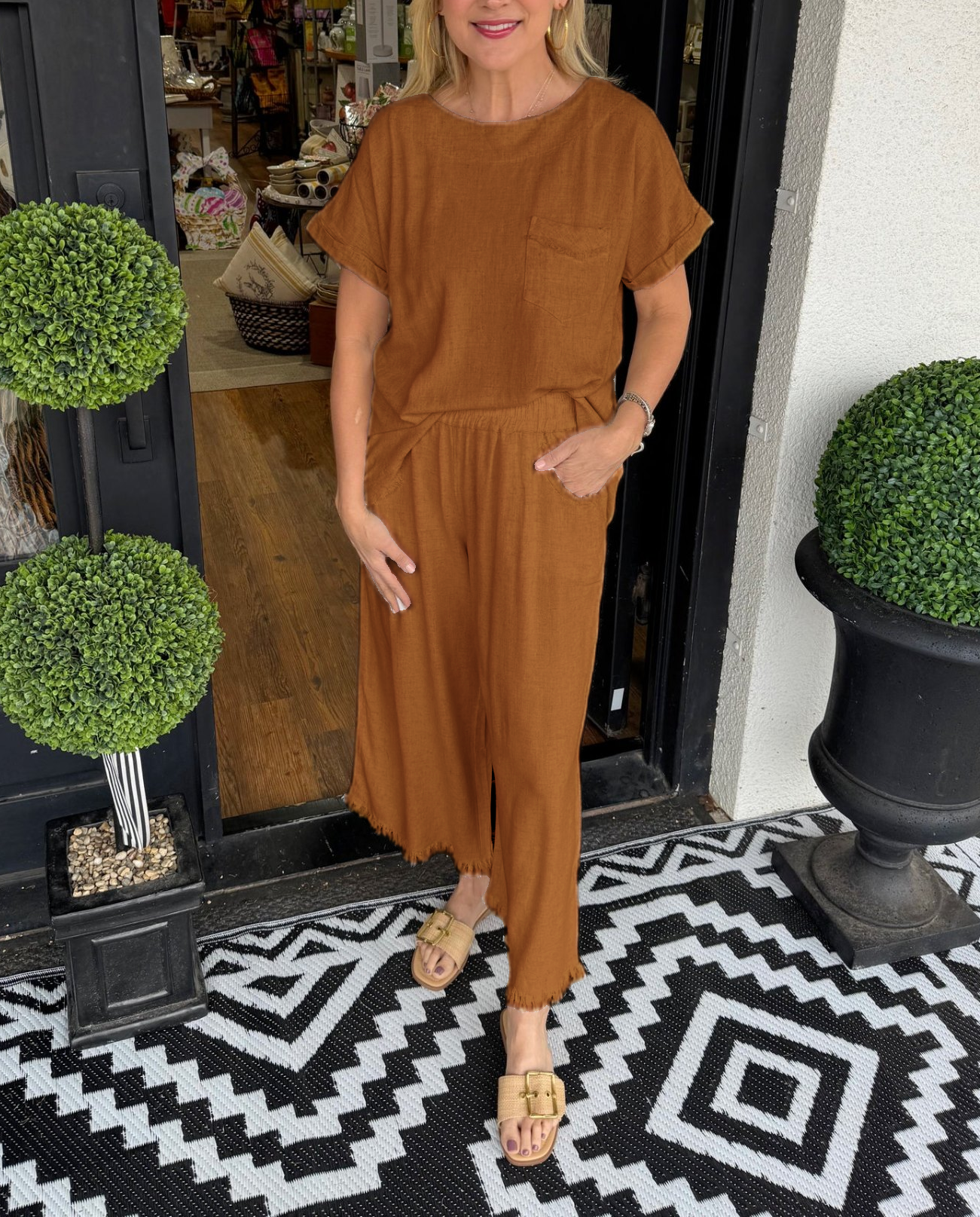 Lässiges Lounge-Set für Damen aus Baumwollleinen, unifarben (2 kaufen, kostenloser Versand)